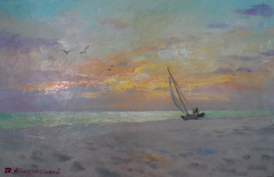 Oil painting Evening by the sea Mishurovsky V. V.: No. 105 *** ABOUT THIS PAINTING *** * TITLE: "Evening by the sea" * ARTISTS: Mishurovsky V. V. * SIZE: 32x50 cm / 12,59x19,68 inches * MEDIUM: Oil, cardboard * HAND PAINTED: Original painting from our