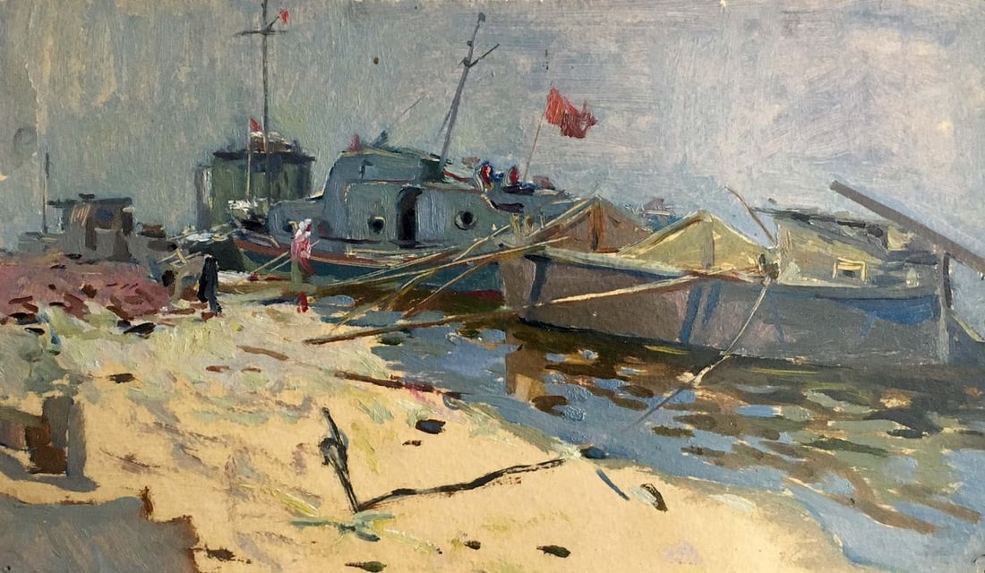 Oil painting Sulimenko Petr Stepanovich: No. Verns 3 *** ABOUT THIS PAINTING *** * TITLE: "Ship in port" * ARTISTS: Sulimenko Petr Stepanovich * SIZE: 22.5x39 cm/'8.58x15.35 inches' * MEDIUM: oil, cardboard * HAND PAINTED: Original painting 