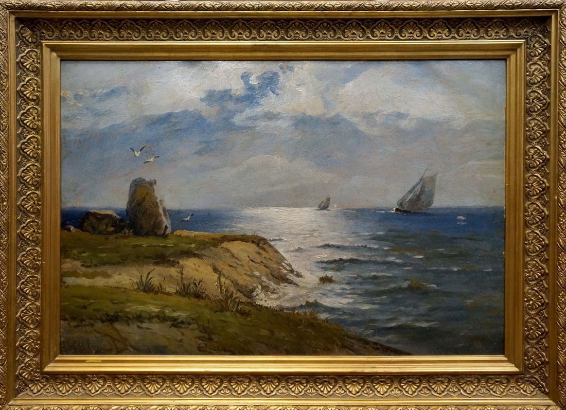 Oil painting Ships at sea: No. Verns 167 *** ABOUT THIS PAINTING *** * TITLE: "Ships at sea" * ARTISTS: Unknown artist * SIZE: 42x63 cm/'16.53x24.80 inches', frame size: 57x77 cm/'22.44?30.31 inches' * MEDIUM: oil, cardboard * 