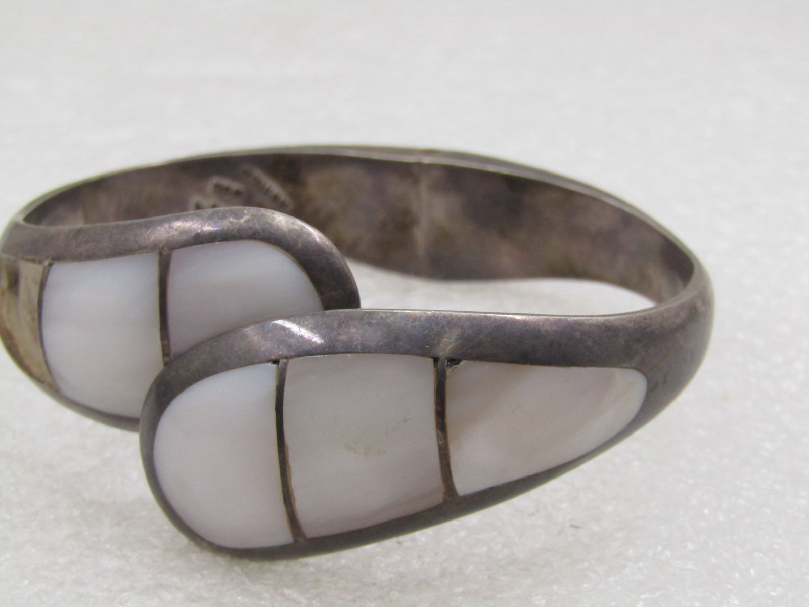 Vintage Sterling MOP Clamper Bracelet, 6.75" Mexico, Signed TL, Inlaid, Needs Stone - 4