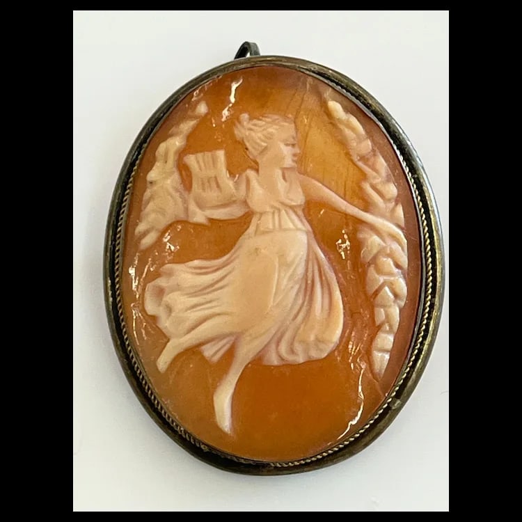 Vintage Signed Shell Cameo Pendant/ BroochShellSignature appears to read "Mou"Weighs 5.3 - 2