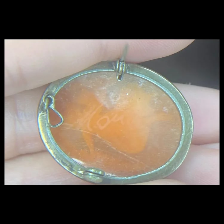 Vintage Signed Shell Cameo Pendant/ BroochShellSignature appears to read "Mou"Weighs 5.3 - 7