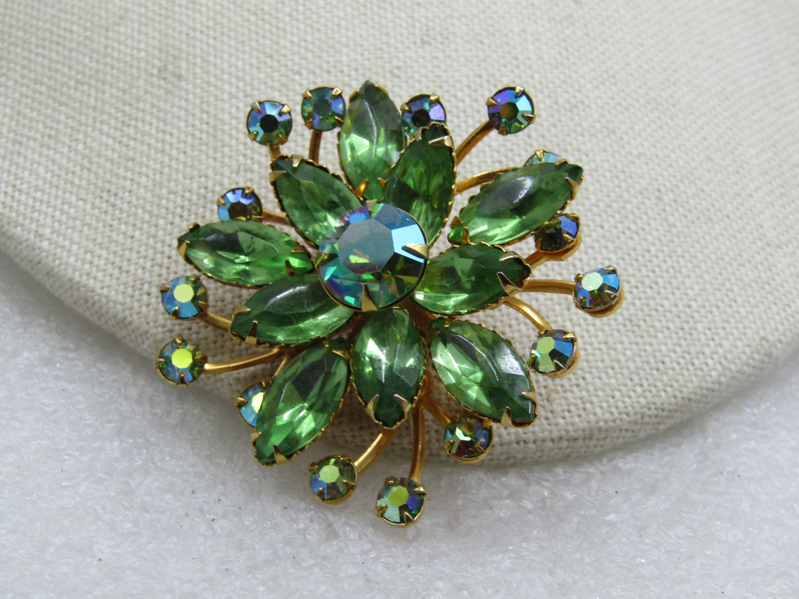 Vintage Green Rhinestone Tiered Blossom Brooch, 2", Aurora Borealis - 3