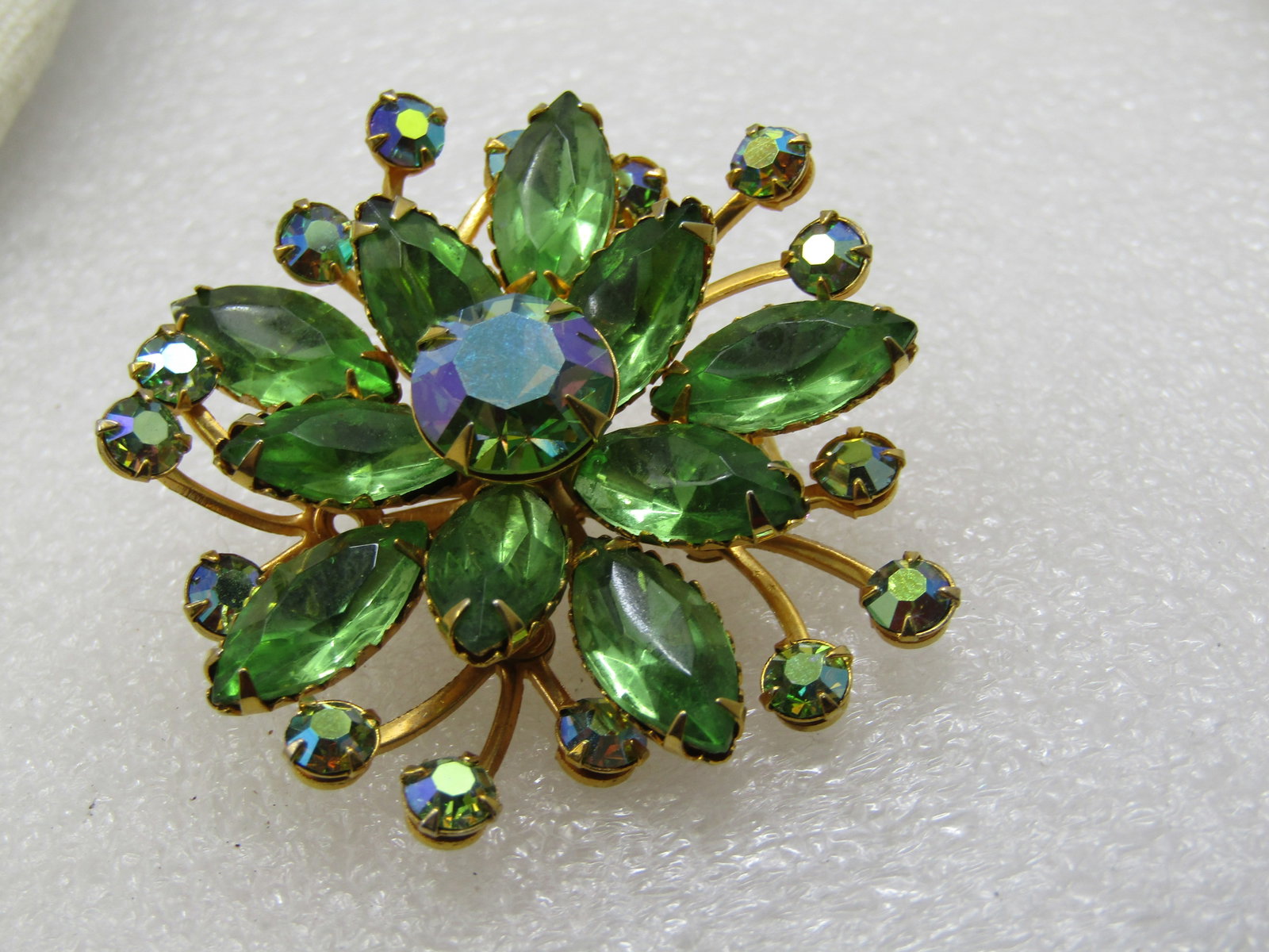 Vintage Green Rhinestone Tiered Blossom Brooch, 2", Aurora Borealis - 5