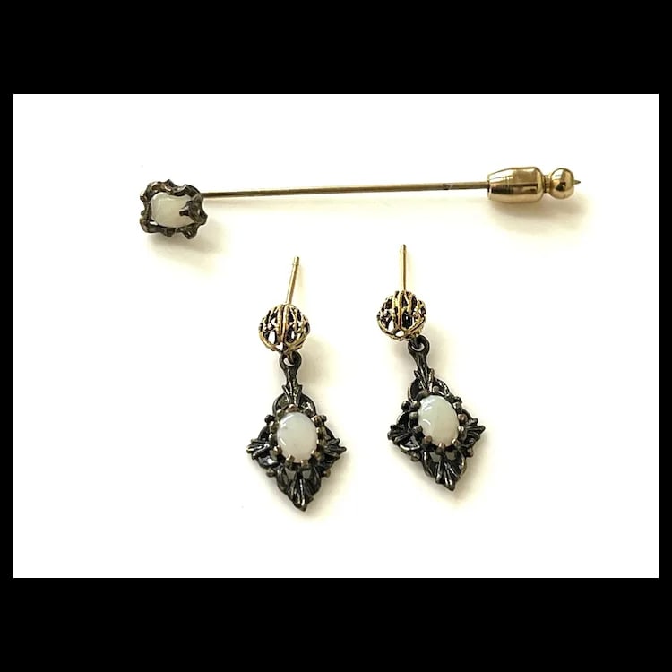 Vintage Filigree Opal Earrings and Stick Pin Set - 2