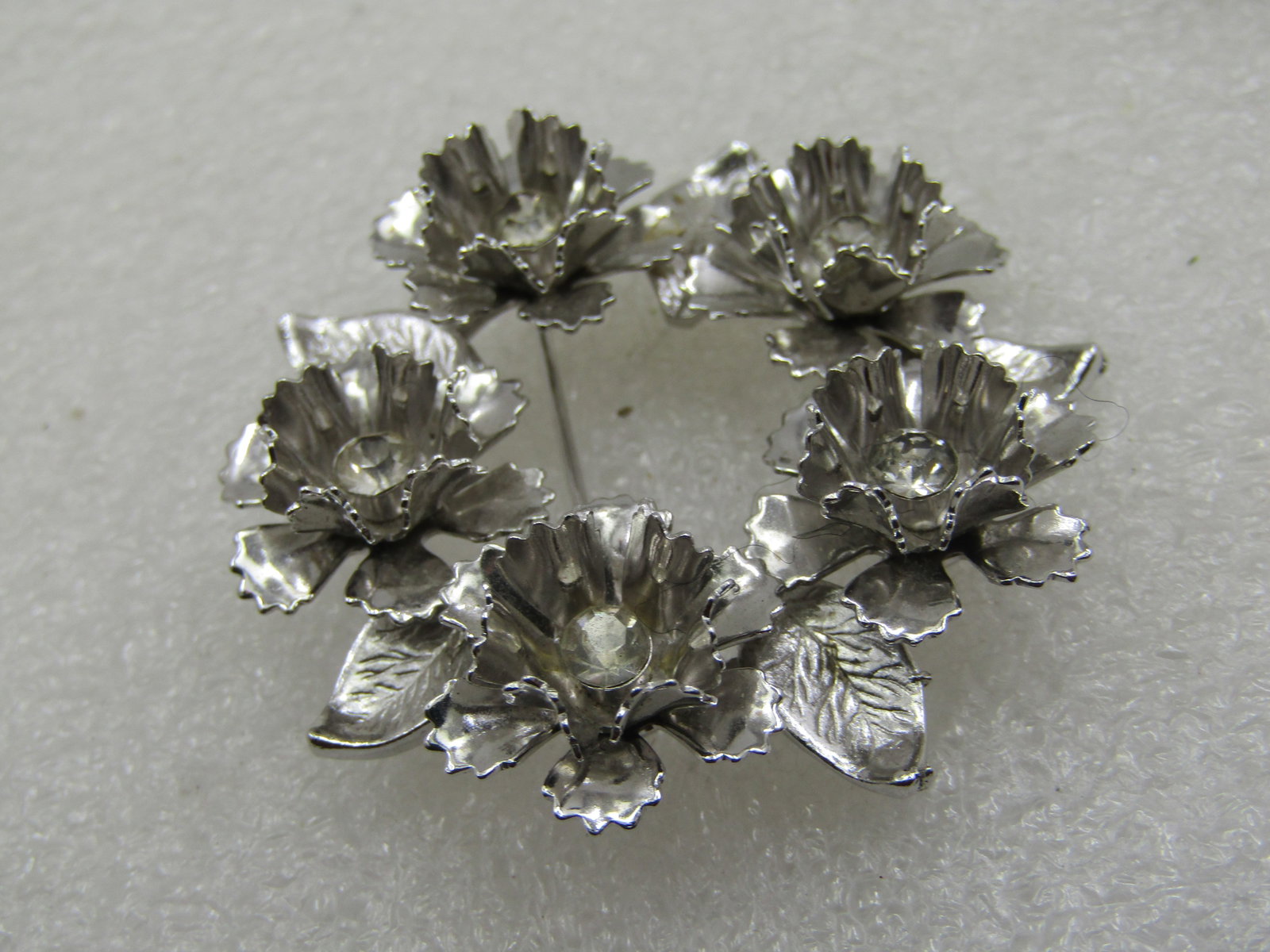 Vintage Floral & Rhinestone Circle Brooch, 1.75", 1960's - 3