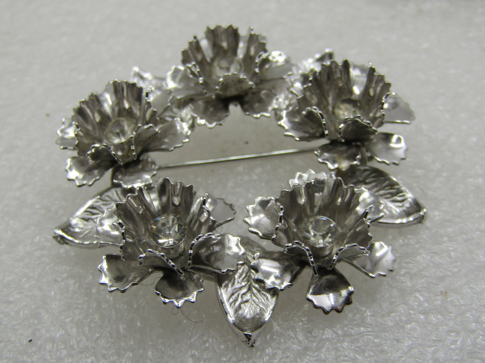 Vintage Floral & Rhinestone Circle Brooch, 1.75", 1960's - 4