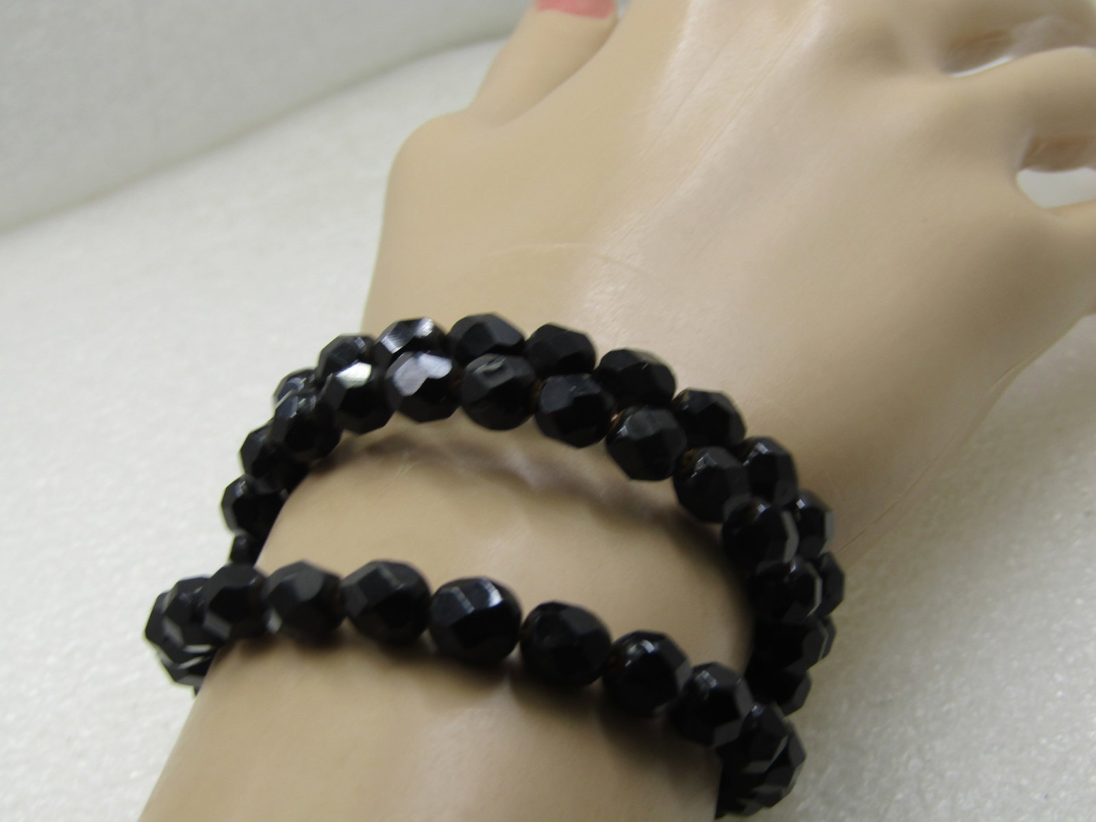 Vintage Black Faceted Glass Coiled Bracelet, Up to 7.5" - 3