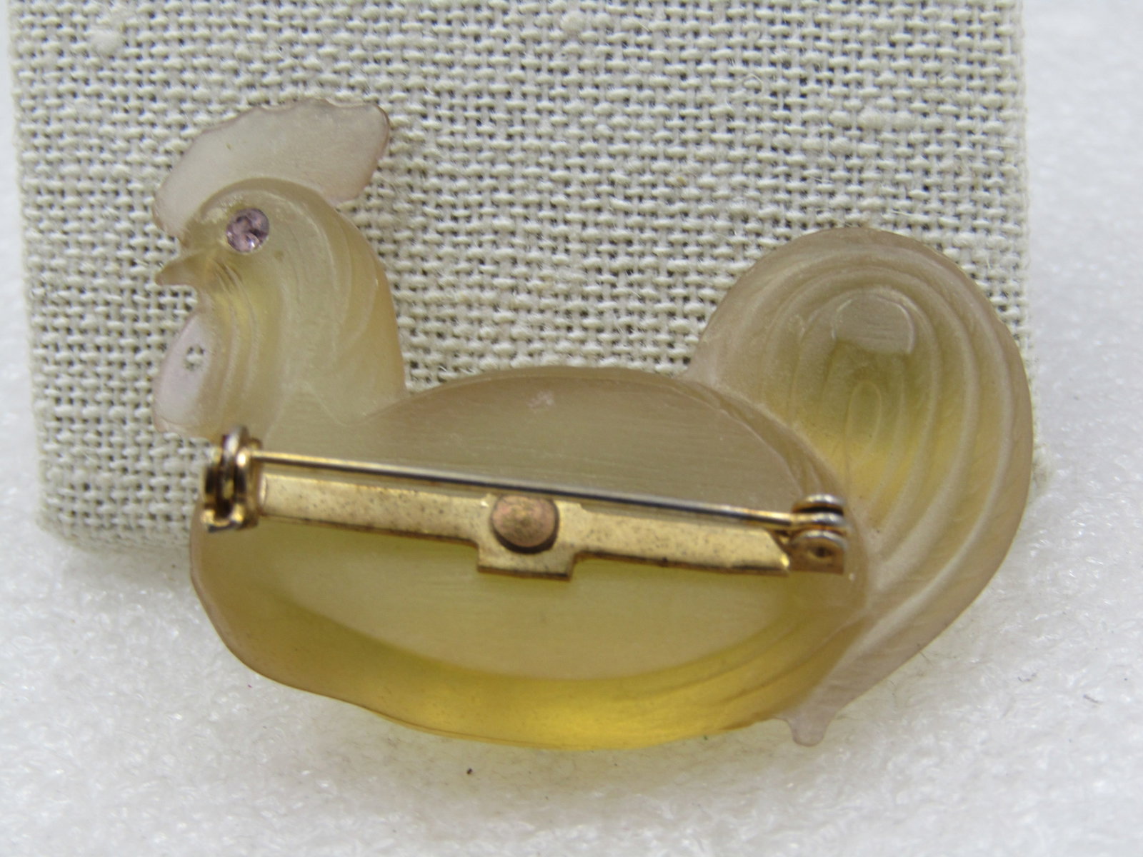 Vintage Pale Yellow Resting Rooster Brooch Rhinestone Eyes, 2" - 5