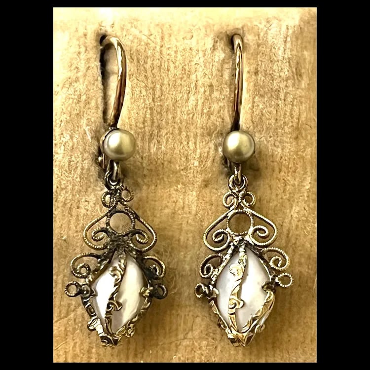 Antique Filigree 9k Gold Seed Pearl Earrings with Original Note - 2