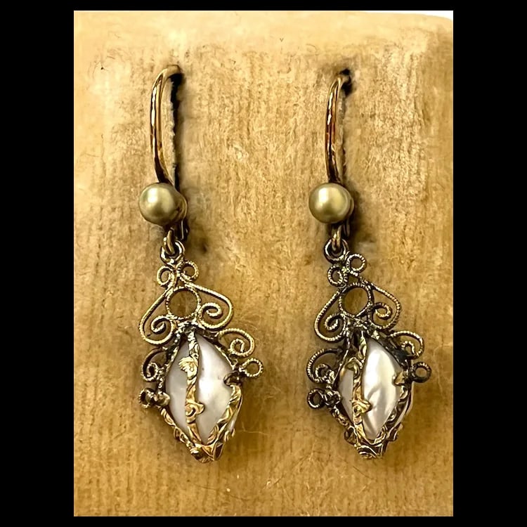 Antique Filigree 9k Gold Seed Pearl Earrings with Original Note - 3
