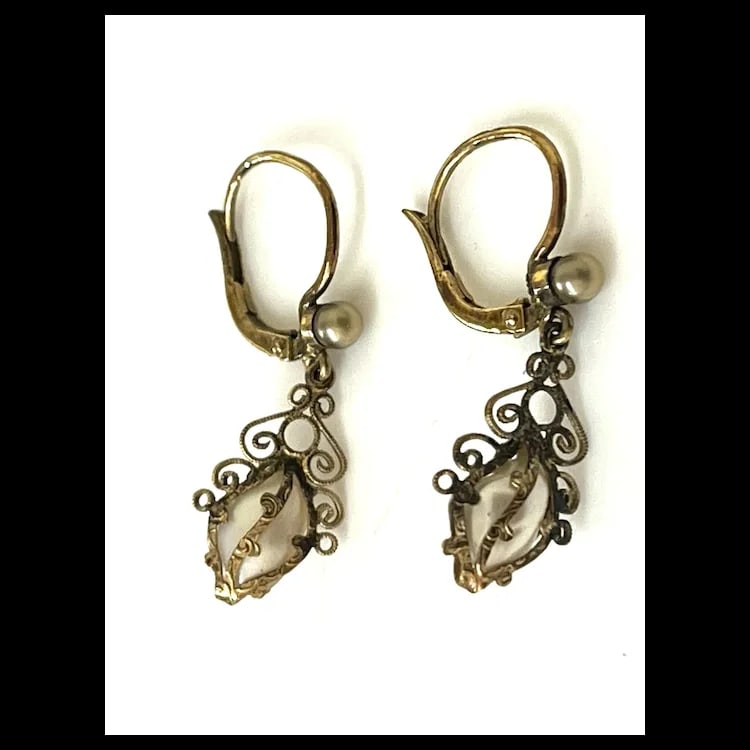 Antique Filigree 9k Gold Seed Pearl Earrings with Original Note - 6