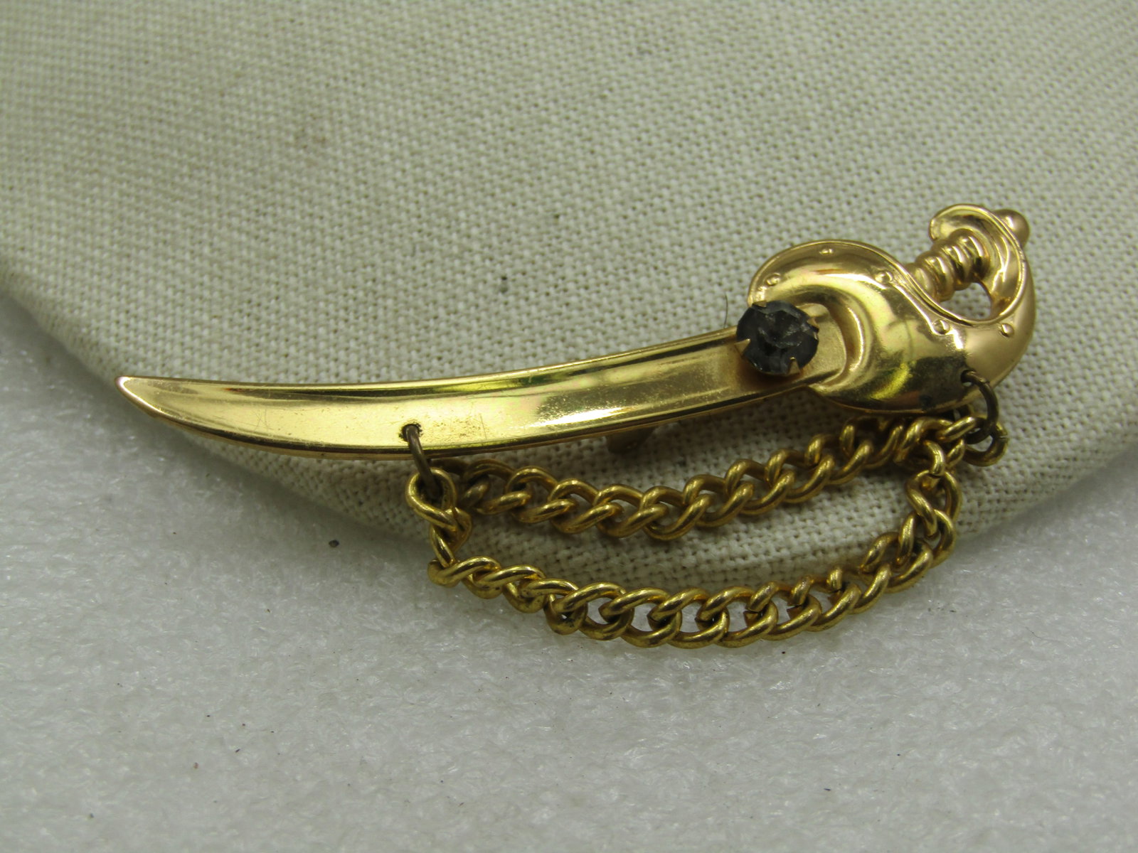 Vintage Coro Sword With Chain Brooch, Smoky Rhinestone, Mid-Century - 3