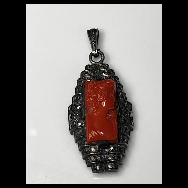 Vintage Carved Coral Cameo and Marcasite Pendant1 x .5 InchesWeight - 3.7 Grams - 2