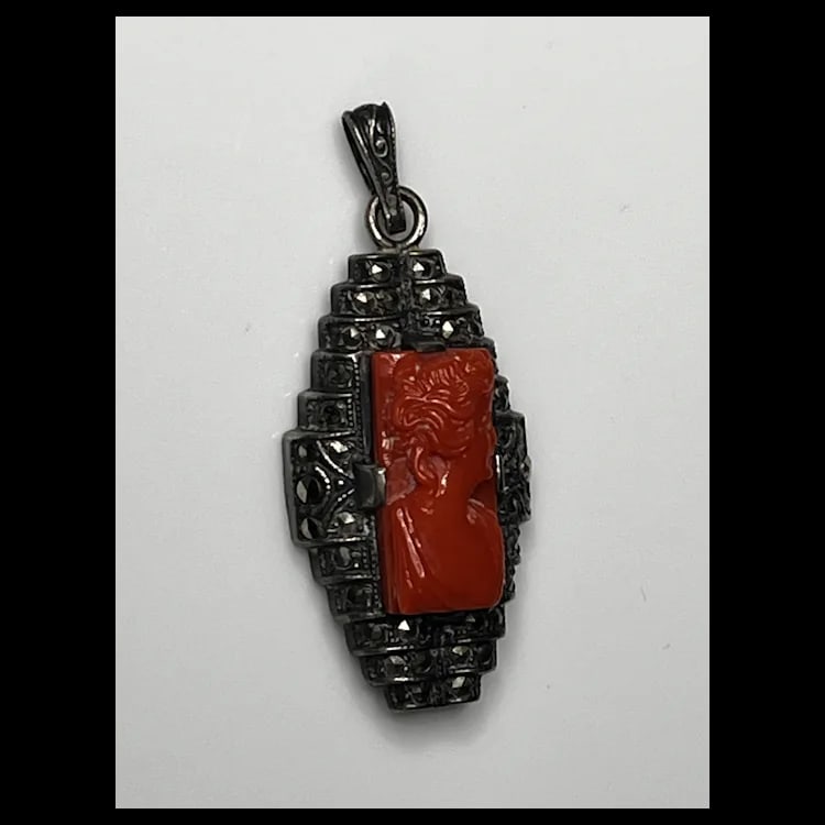 Vintage Carved Coral Cameo and Marcasite Pendant1 x .5 InchesWeight - 3.7 Grams - 3