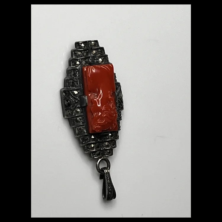 Vintage Carved Coral Cameo and Marcasite Pendant1 x .5 InchesWeight - 3.7 Grams - 4