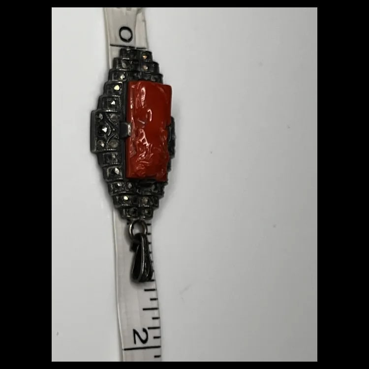 Vintage Carved Coral Cameo and Marcasite Pendant1 x .5 InchesWeight - 3.7 Grams - 6