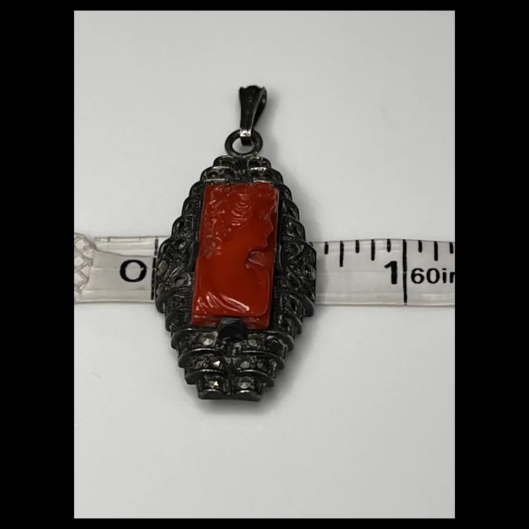 Vintage Carved Coral Cameo and Marcasite Pendant1 x .5 InchesWeight - 3.7 Grams - 7