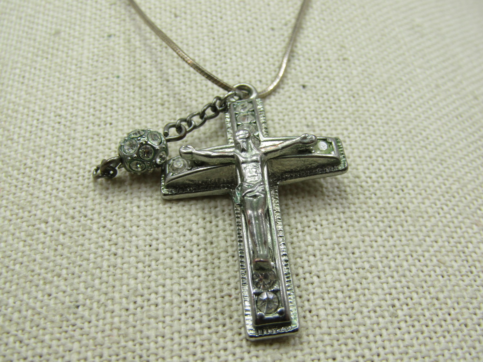 Vintage Rhinestone Crucifix Necklace, Sterling 24" Snake Chain - 2