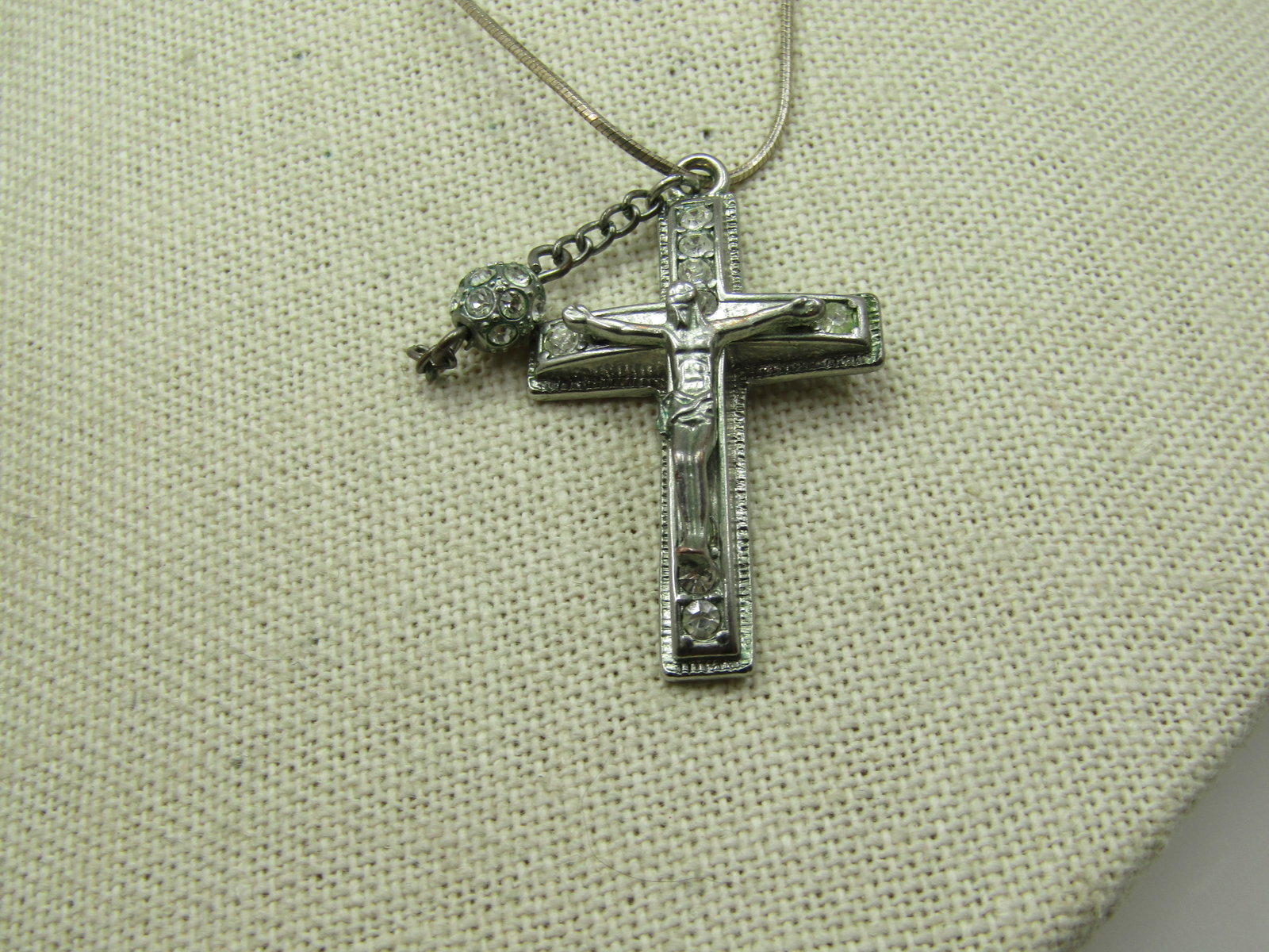 Vintage Rhinestone Crucifix Necklace, Sterling 24" Snake Chain - 3