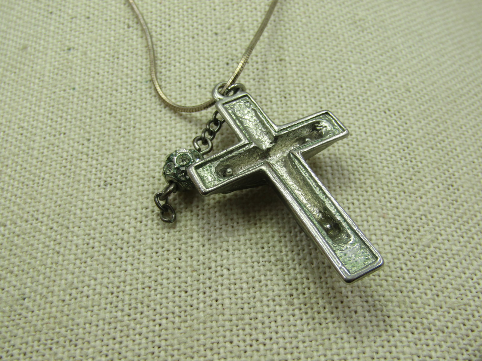 Vintage Rhinestone Crucifix Necklace, Sterling 24" Snake Chain - 4