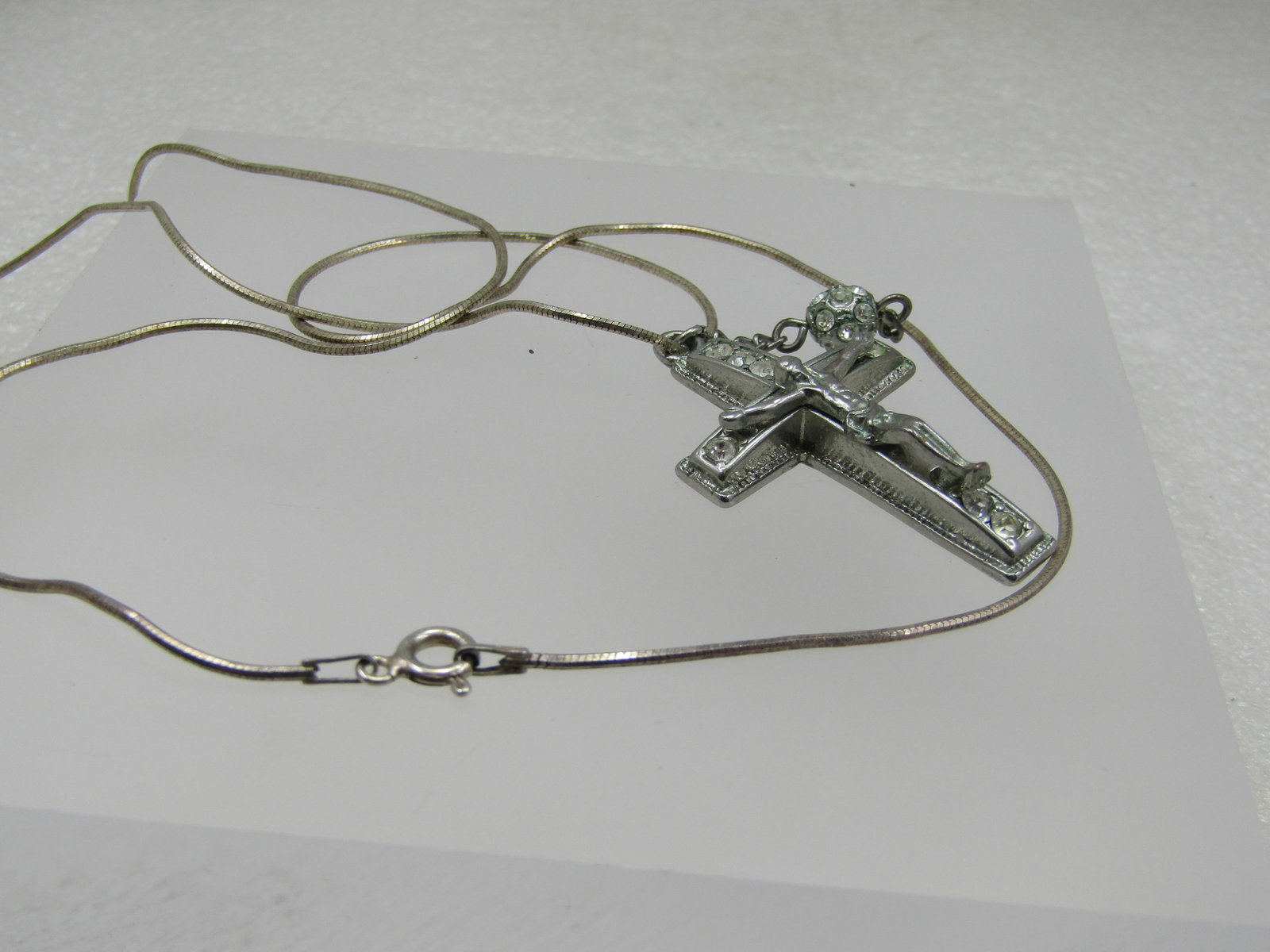 Vintage Rhinestone Crucifix Necklace, Sterling 24" Snake Chain - 7