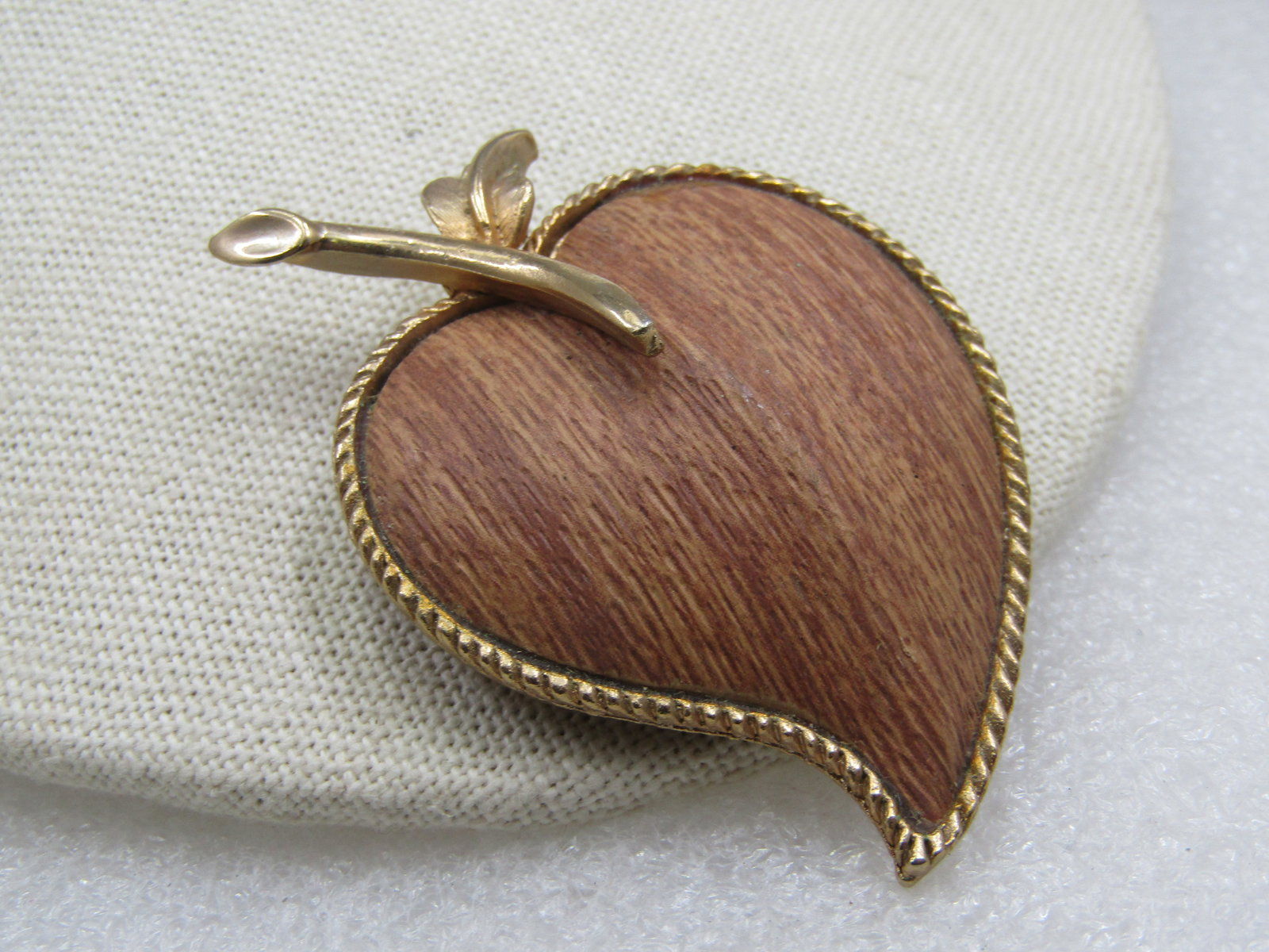 Vintage Wooden Heart Apple/Leaf Brooch, 2.5", 1960's - 2