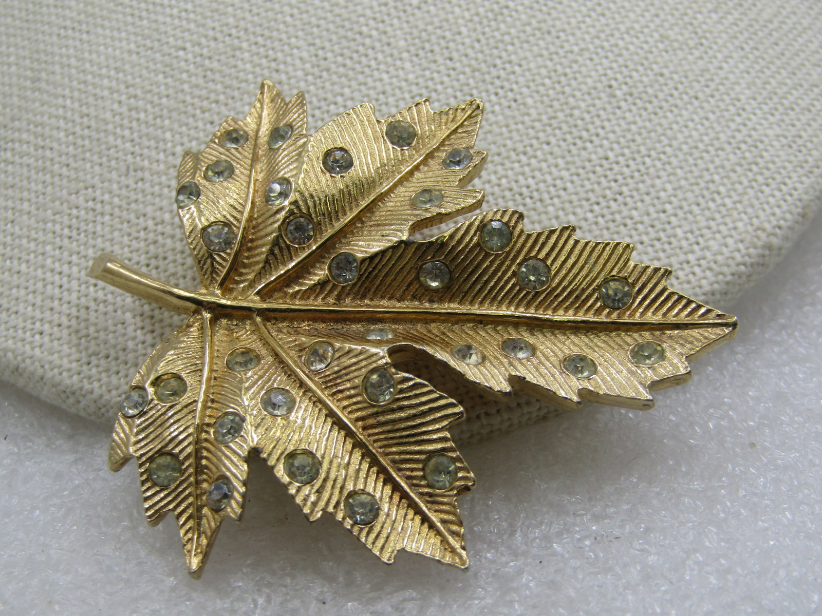 Vintage Gold Tone Rhinestone Leaf Brooch, 1960's - 2