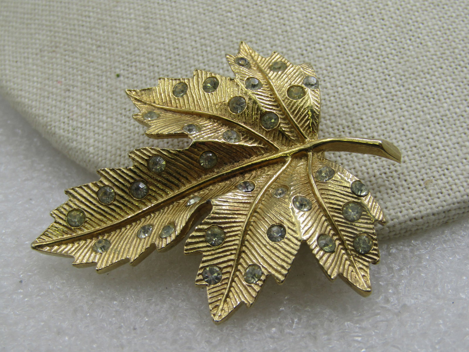 Vintage Gold Tone Rhinestone Leaf Brooch, 1960's - 4