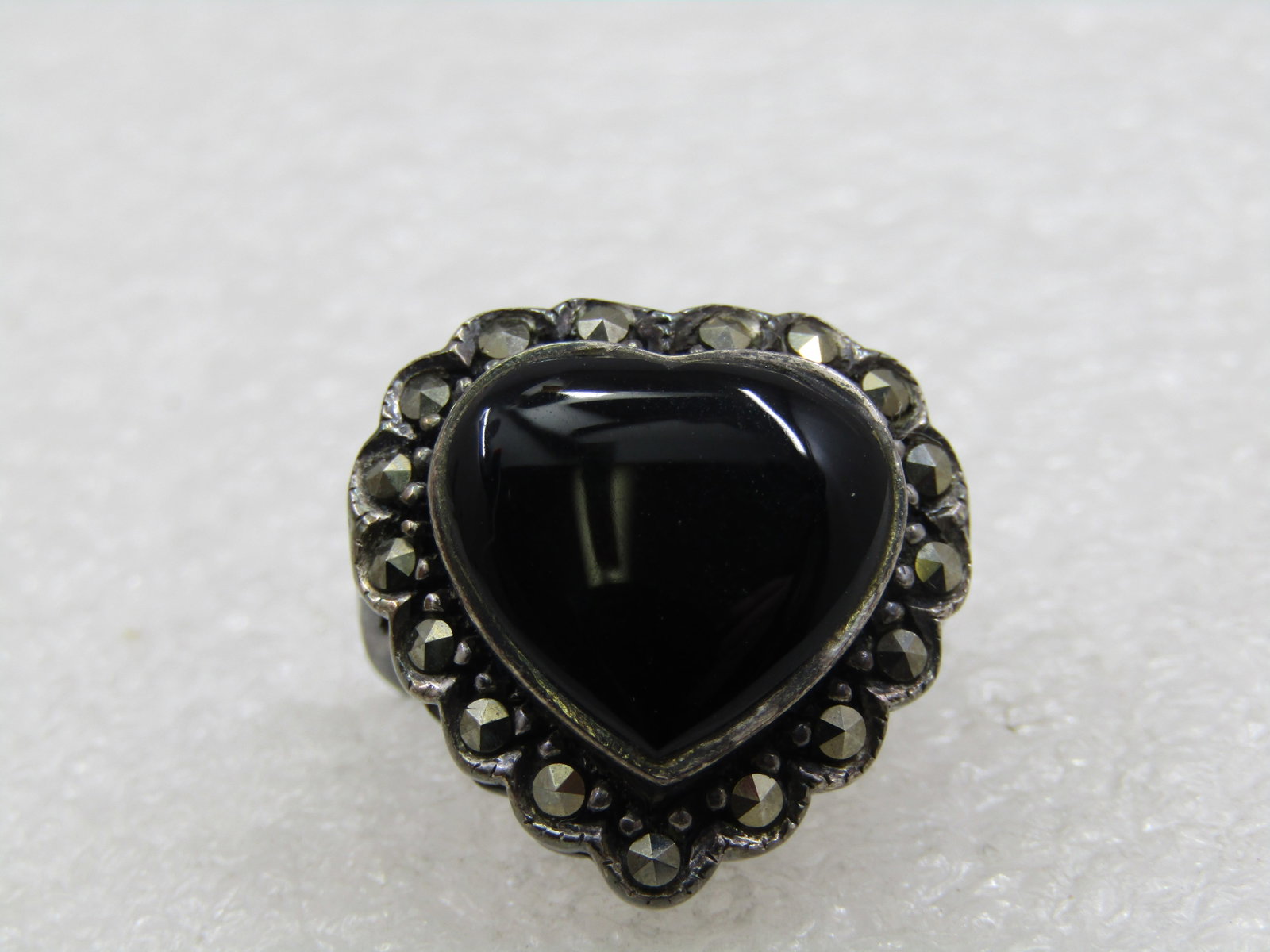 Vintage Sterling Onyx Heart & Marcasite Ring, Sz. 8.5 - 5