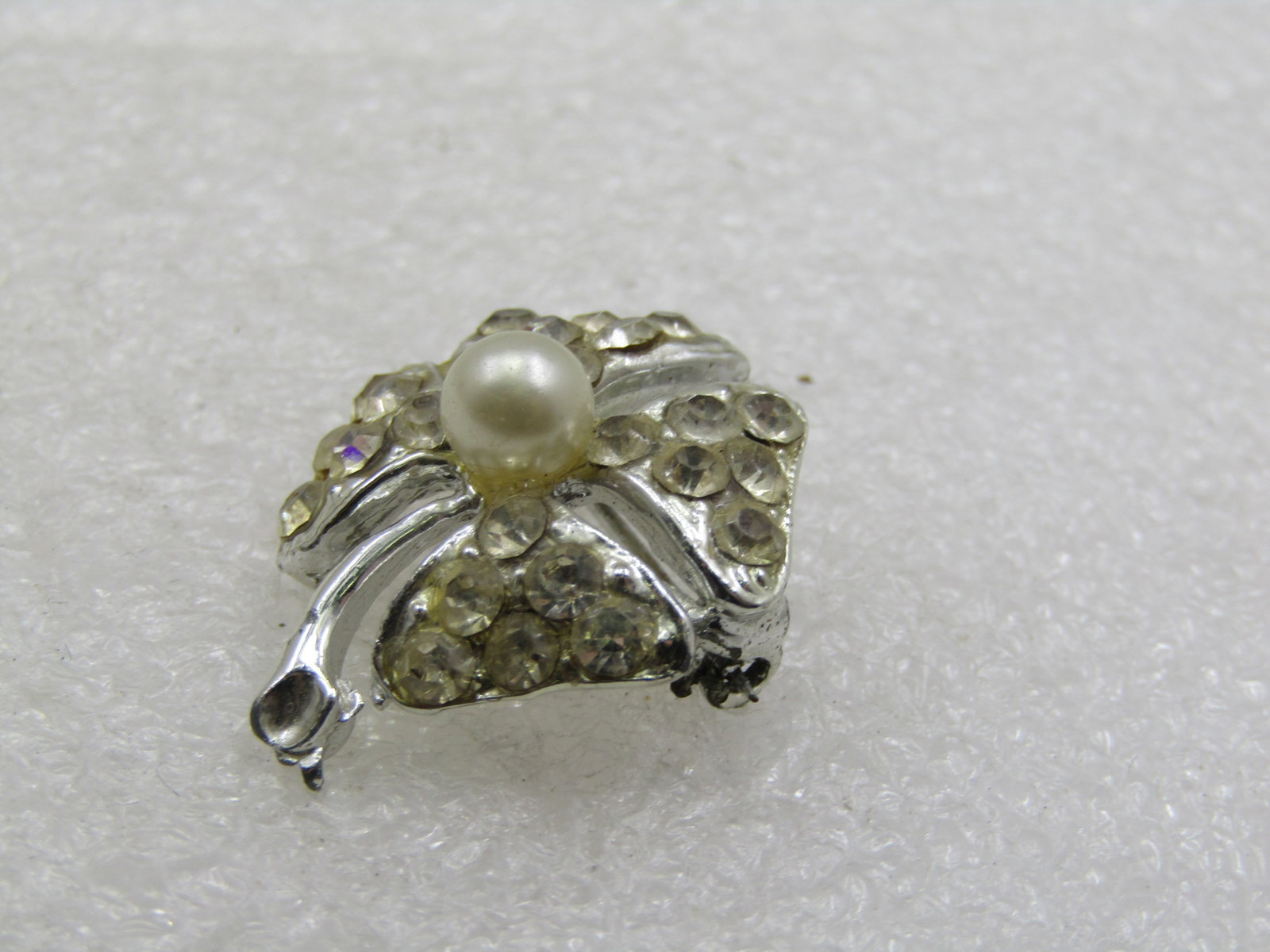 Vintage Rhinestone & Faux Pearl Four Leaf Clover Brooch, 1920's-1930's - 3