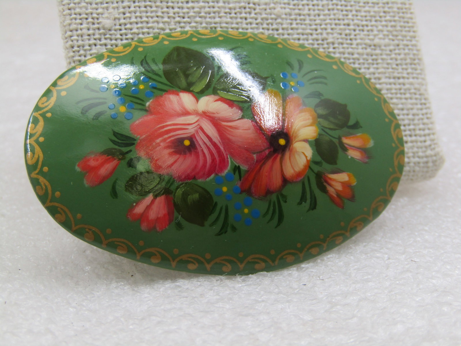 Vintage Green Lacquered Floral Hand Painted Brooch, 2.5" - 2