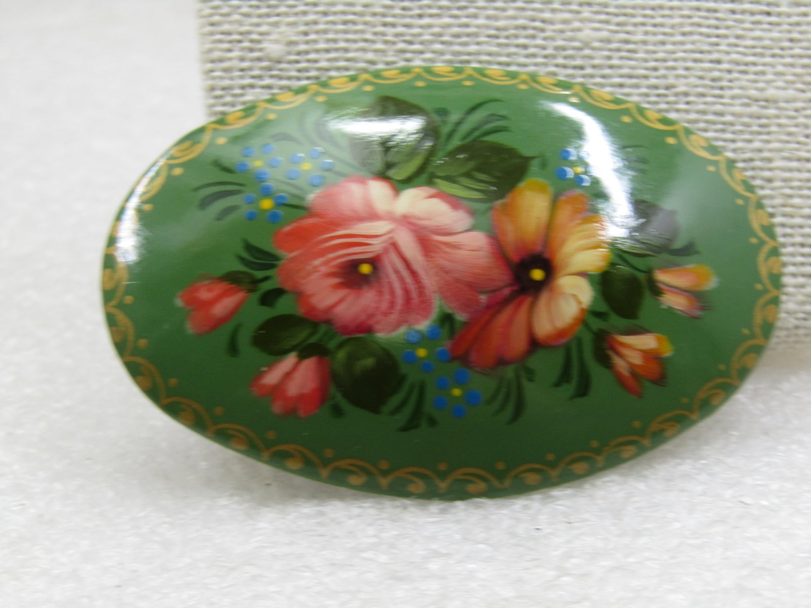 Vintage Green Lacquered Floral Hand Painted Brooch, 2.5" - 3