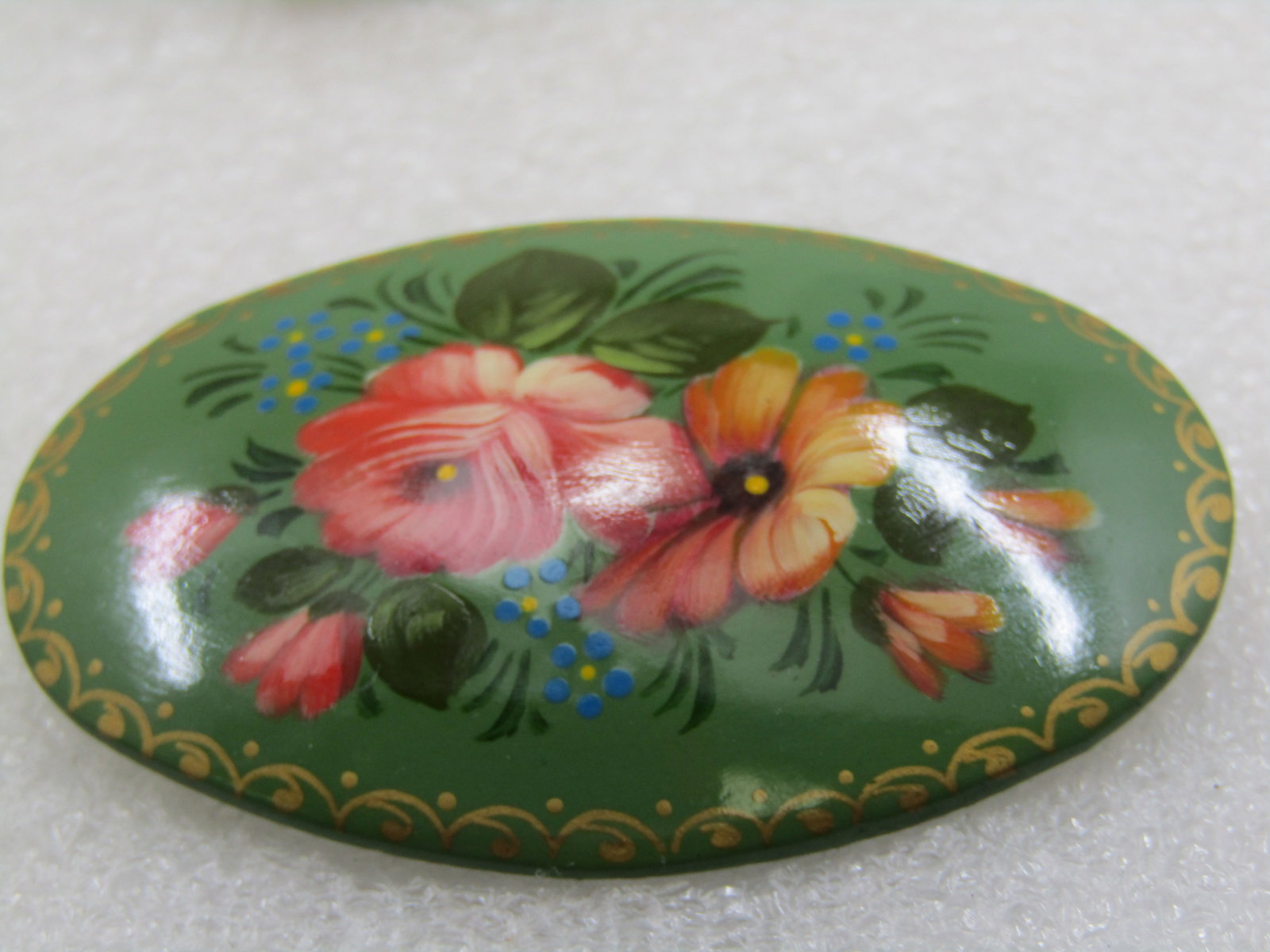 Vintage Green Lacquered Floral Hand Painted Brooch, 2.5" - 4