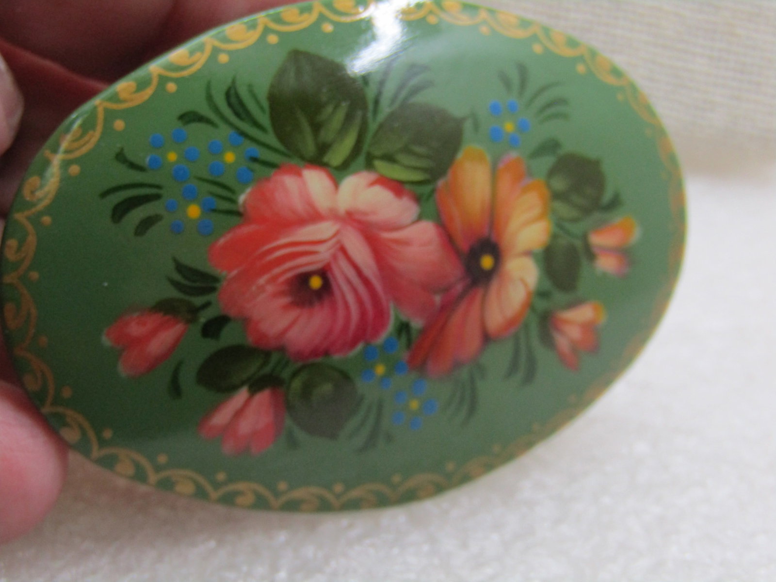 Vintage Green Lacquered Floral Hand Painted Brooch, 2.5" - 6