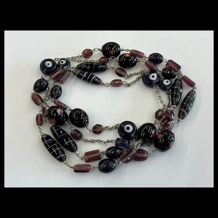 Vintage Glass Beaded Long Silver Tone Statement NecklaceGlass, MetalMeasures 49 inches Length - 3