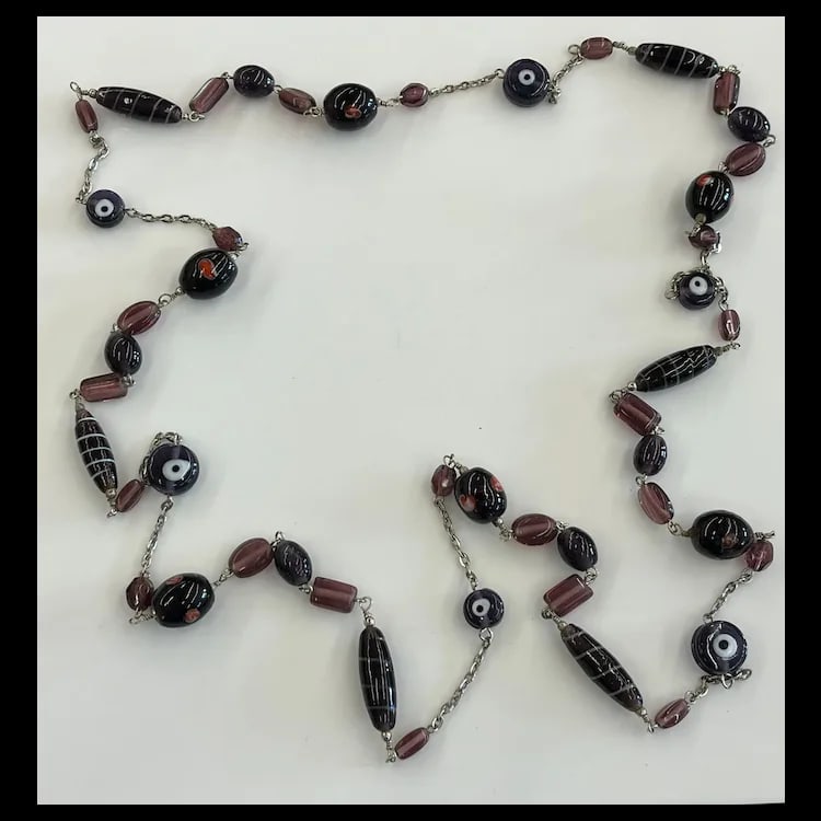 Vintage Glass Beaded Long Silver Tone Statement NecklaceGlass, MetalMeasures 49 inches Length - 4