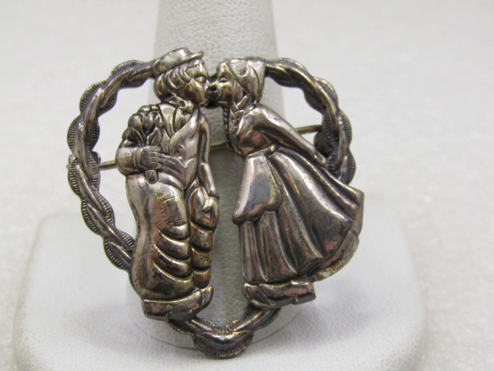 Vintage Sterling Kissing Dutch Girl/Boy Heart Brooch, 1940's - 2