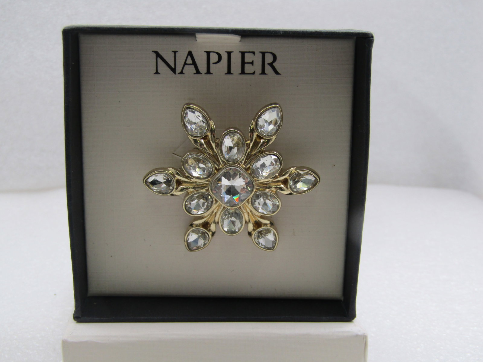 Vintage Napier Clear Rhinestone Snowflake/Blossom Brooch, In Box - 2