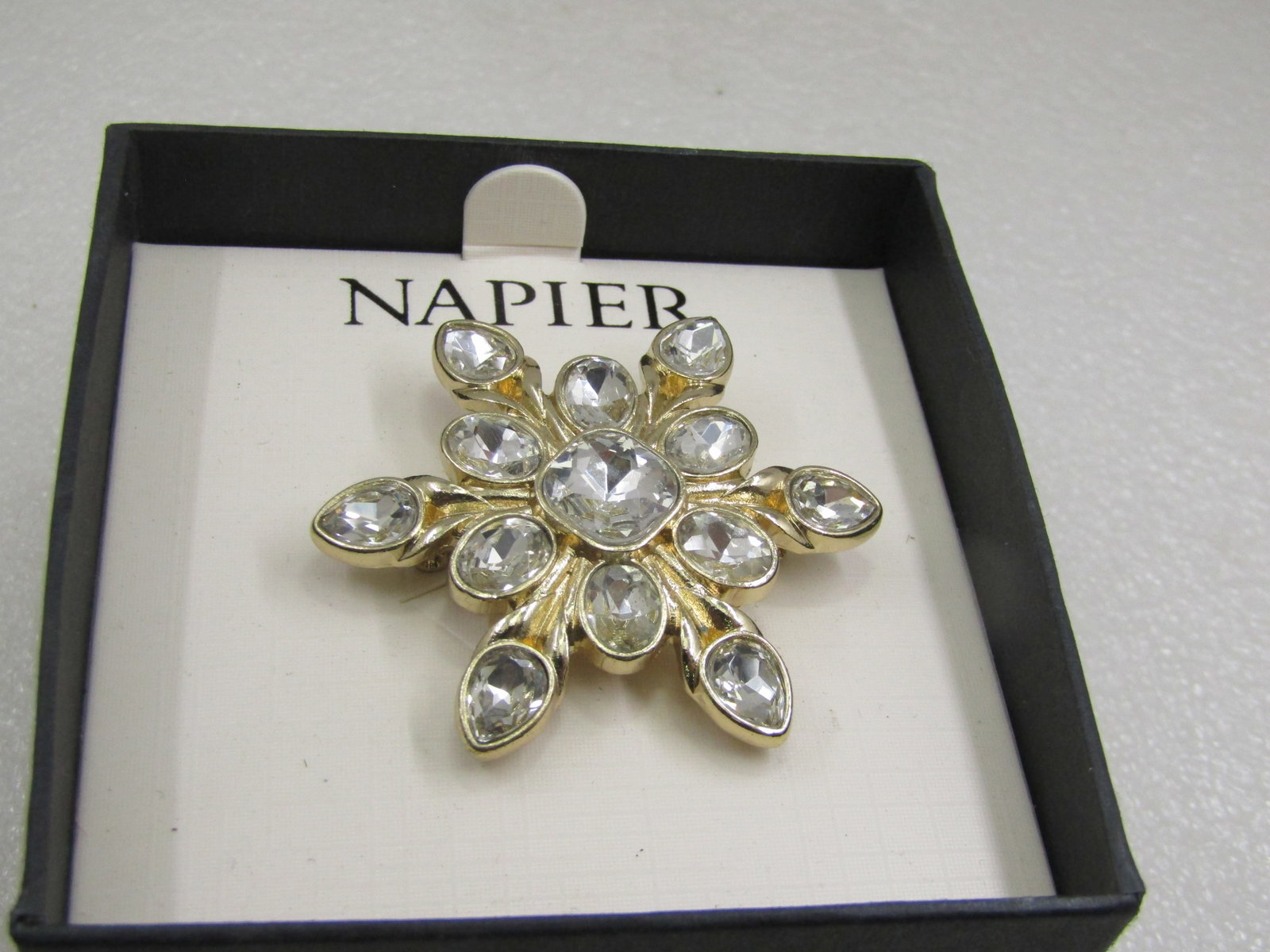 Vintage Napier Clear Rhinestone Snowflake/Blossom Brooch, In Box - 3
