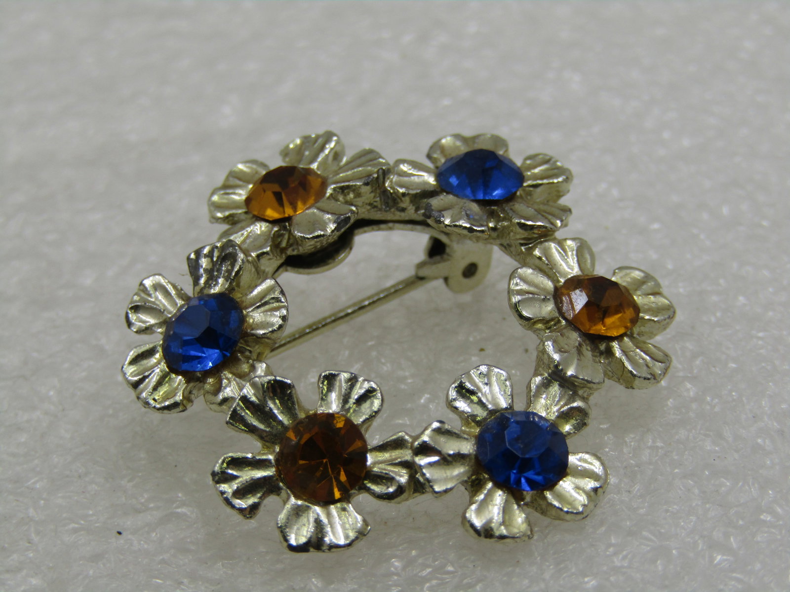 Vintage Blue & Yellow Rhinestone Floral Circle Brooch, 1960's - 2