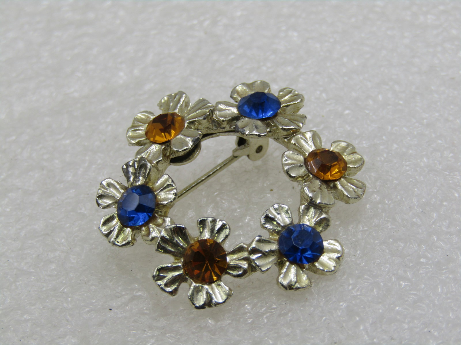 Vintage Blue & Yellow Rhinestone Floral Circle Brooch, 1960's - 3