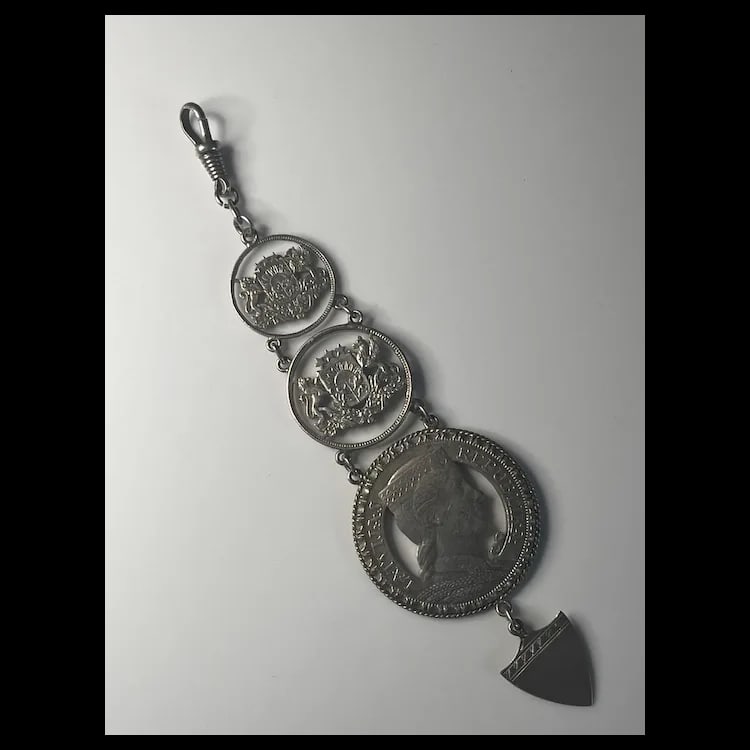 Vintage Sterling Silver Watch Fob made of Latvian Republic coins Sterling Silver Weighs 34.1 - 2