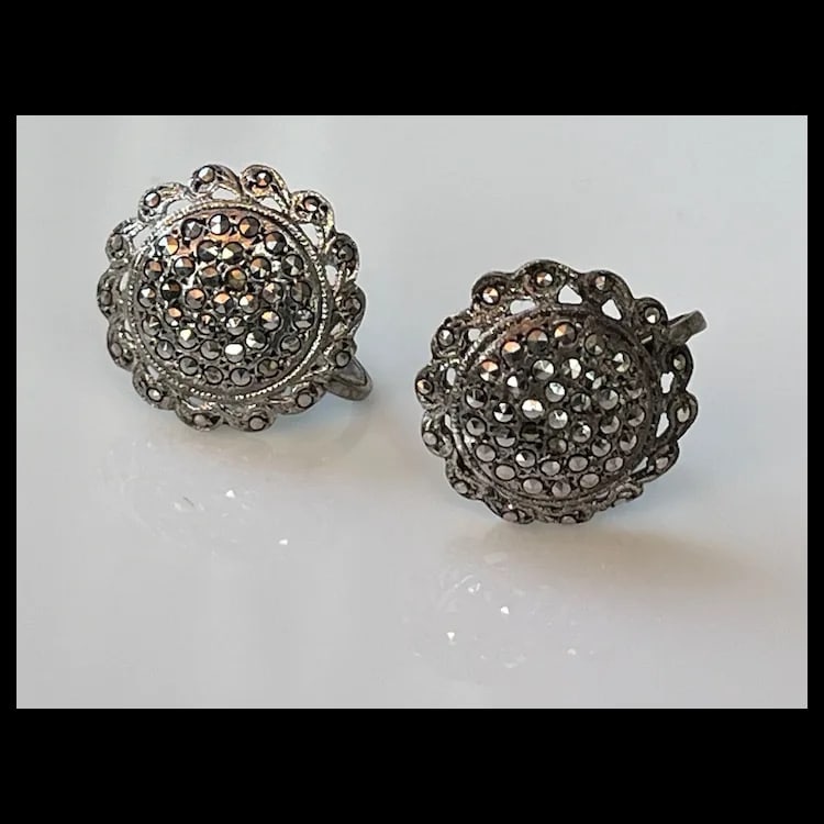Vintage Sterling Silver Screw Back Non-Pierced Marcasite Flower Cluster EarringsSterling Silver, - 2