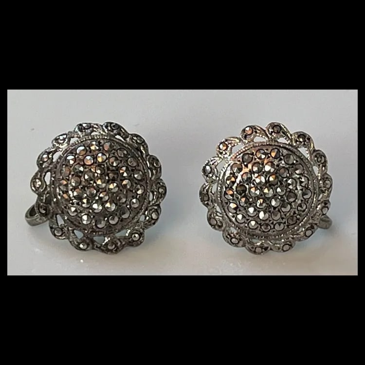 Vintage Sterling Silver Screw Back Non-Pierced Marcasite Flower Cluster EarringsSterling Silver, - 3