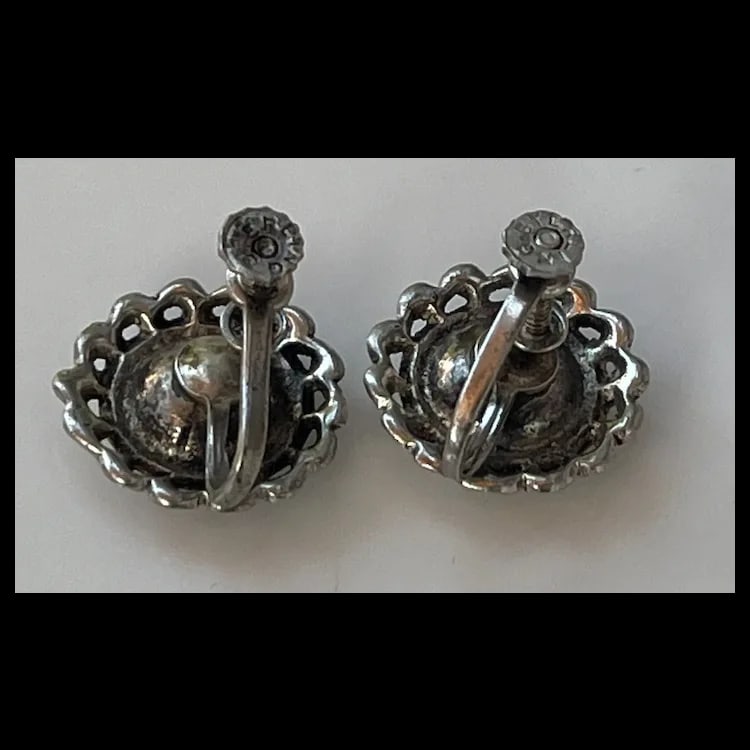 Vintage Sterling Silver Screw Back Non-Pierced Marcasite Flower Cluster EarringsSterling Silver, - 4