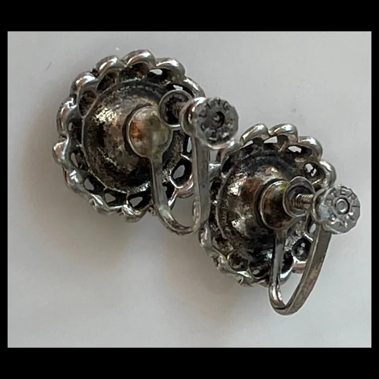 Vintage Sterling Silver Screw Back Non-Pierced Marcasite Flower Cluster EarringsSterling Silver, - 5