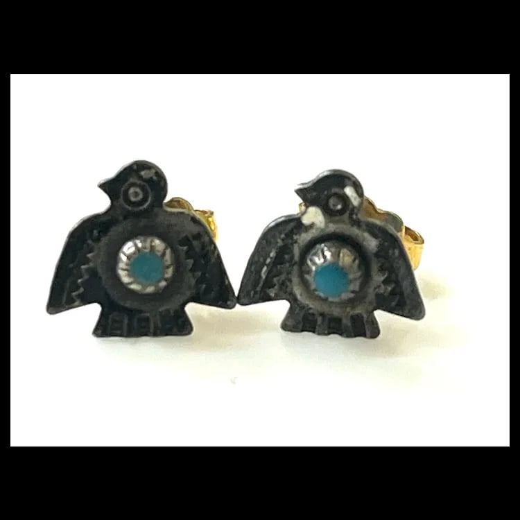 Estate Sterling Silver Zuni Peyote Bird Turquoise 14k Gold Post Earrings - 2