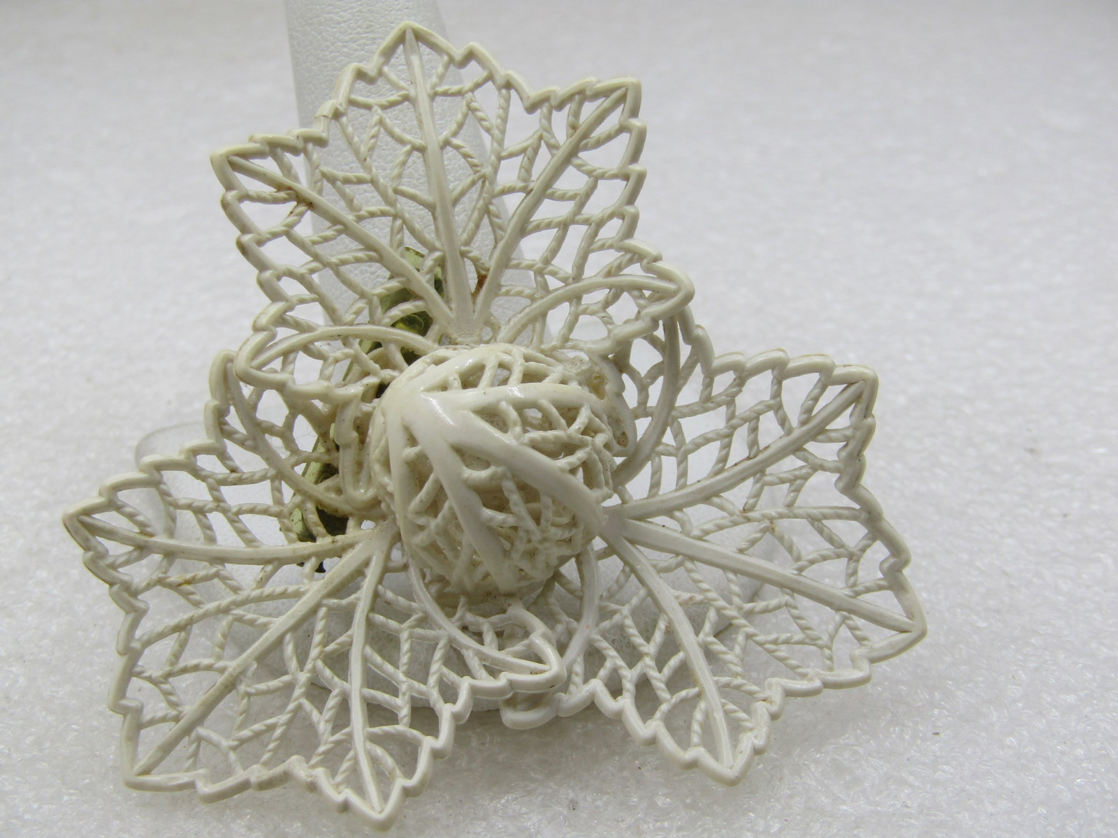 Vintage White Filigree Leaf Brooch, Domed Center, 2.5" - 2