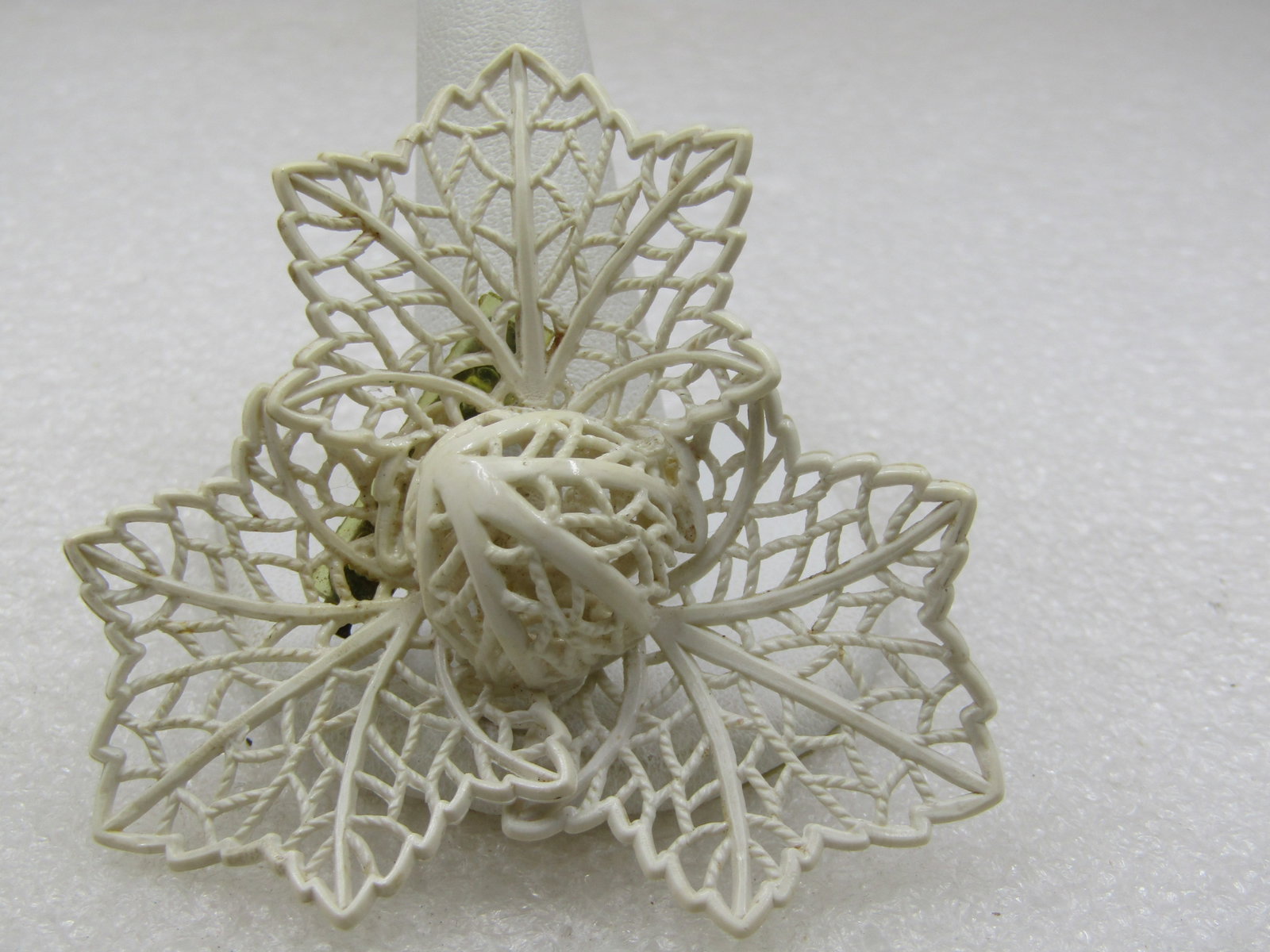 Vintage White Filigree Leaf Brooch, Domed Center, 2.5" - 3